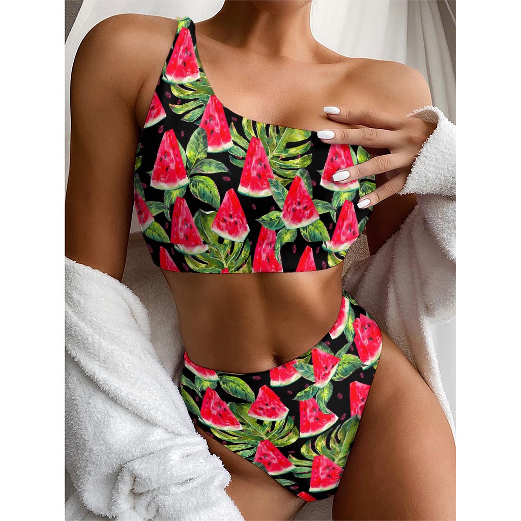Black Palm Leaf Watermelon Pattern Print One Shoulder Bikini Top