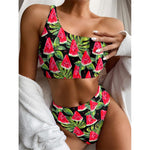 Black Palm Leaf Watermelon Pattern Print One Shoulder Bikini Top