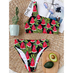 Black Palm Leaf Watermelon Pattern Print One Shoulder Bikini Top
