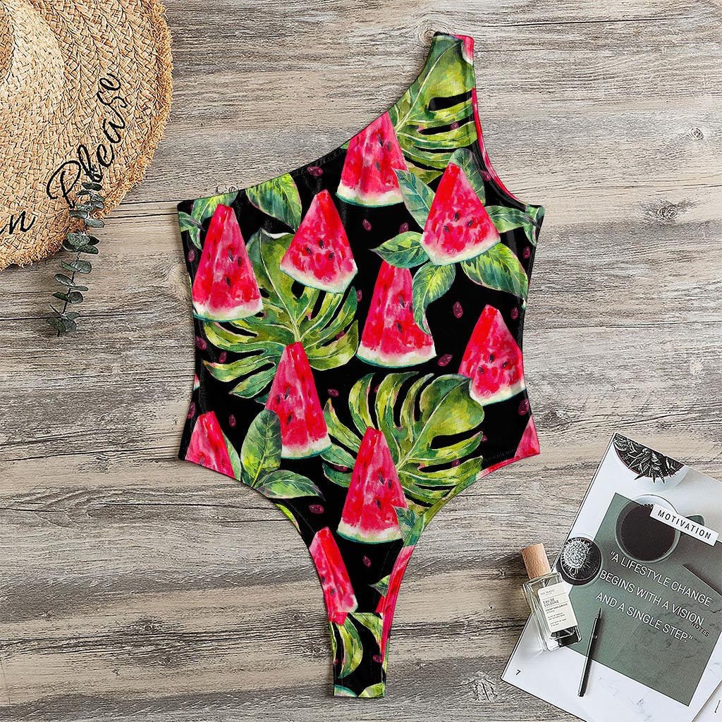 Black Palm Leaf Watermelon Pattern Print One Shoulder Bodysuit