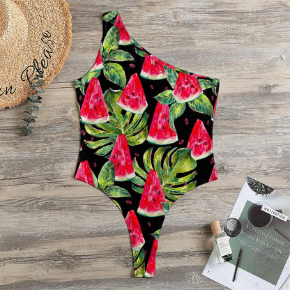 Black Palm Leaf Watermelon Pattern Print One Shoulder Bodysuit