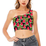 Black Palm Leaf Watermelon Pattern Print One Shoulder Crop Top