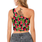 Black Palm Leaf Watermelon Pattern Print One Shoulder Crop Top