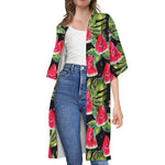 Black Palm Leaf Watermelon Pattern Print Open Front Beach Cover Up