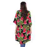 Black Palm Leaf Watermelon Pattern Print Open Front Beach Cover Up
