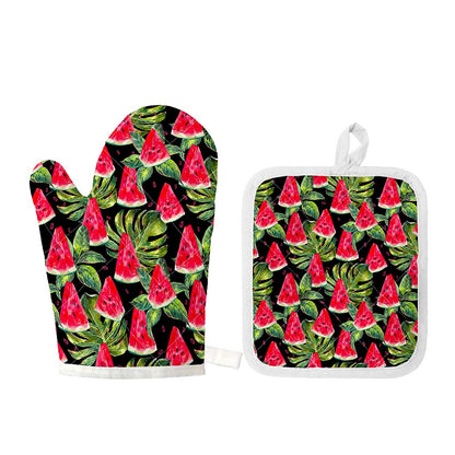 Black Palm Leaf Watermelon Pattern Print Oven Mitt And Pot Holder Set