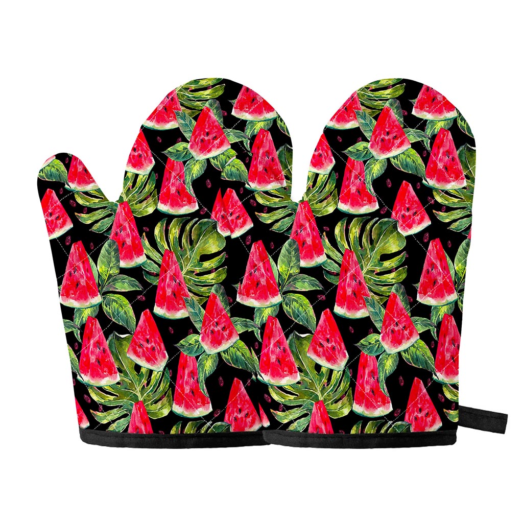 Black Palm Leaf Watermelon Pattern Print Oven Mitts