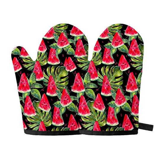 Black Palm Leaf Watermelon Pattern Print Oven Mitts