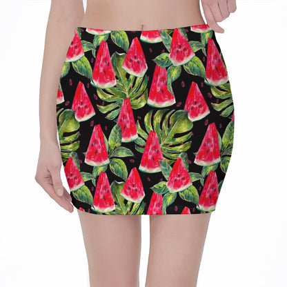 Black Palm Leaf Watermelon Pattern Print Pencil Mini Skirt