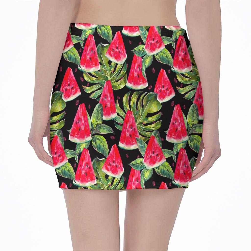 Black Palm Leaf Watermelon Pattern Print Pencil Mini Skirt