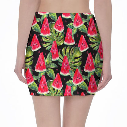 Black Palm Leaf Watermelon Pattern Print Pencil Mini Skirt