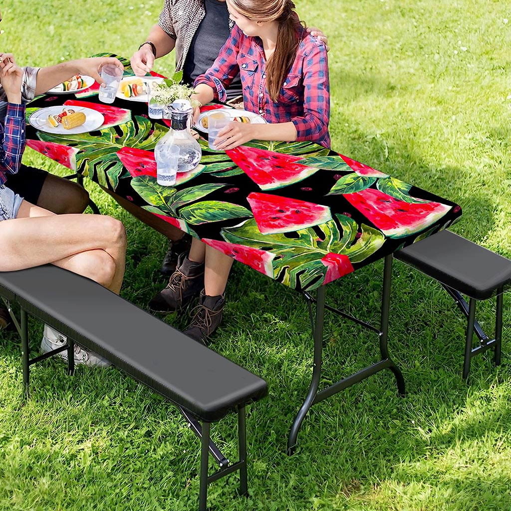 Black Palm Leaf Watermelon Pattern Print Picnic Table Cover