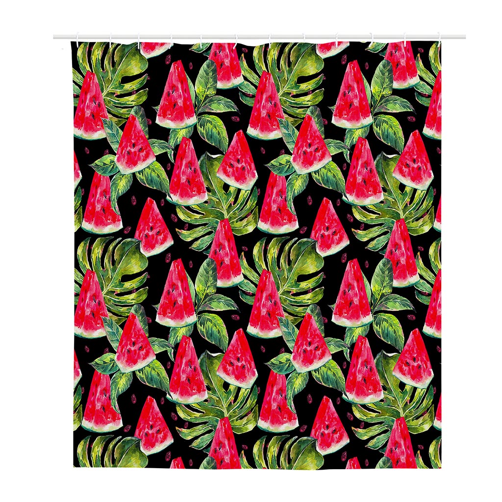 Black Palm Leaf Watermelon Pattern Print Polyester Shower Curtain