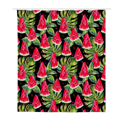 Black Palm Leaf Watermelon Pattern Print Polyester Shower Curtain