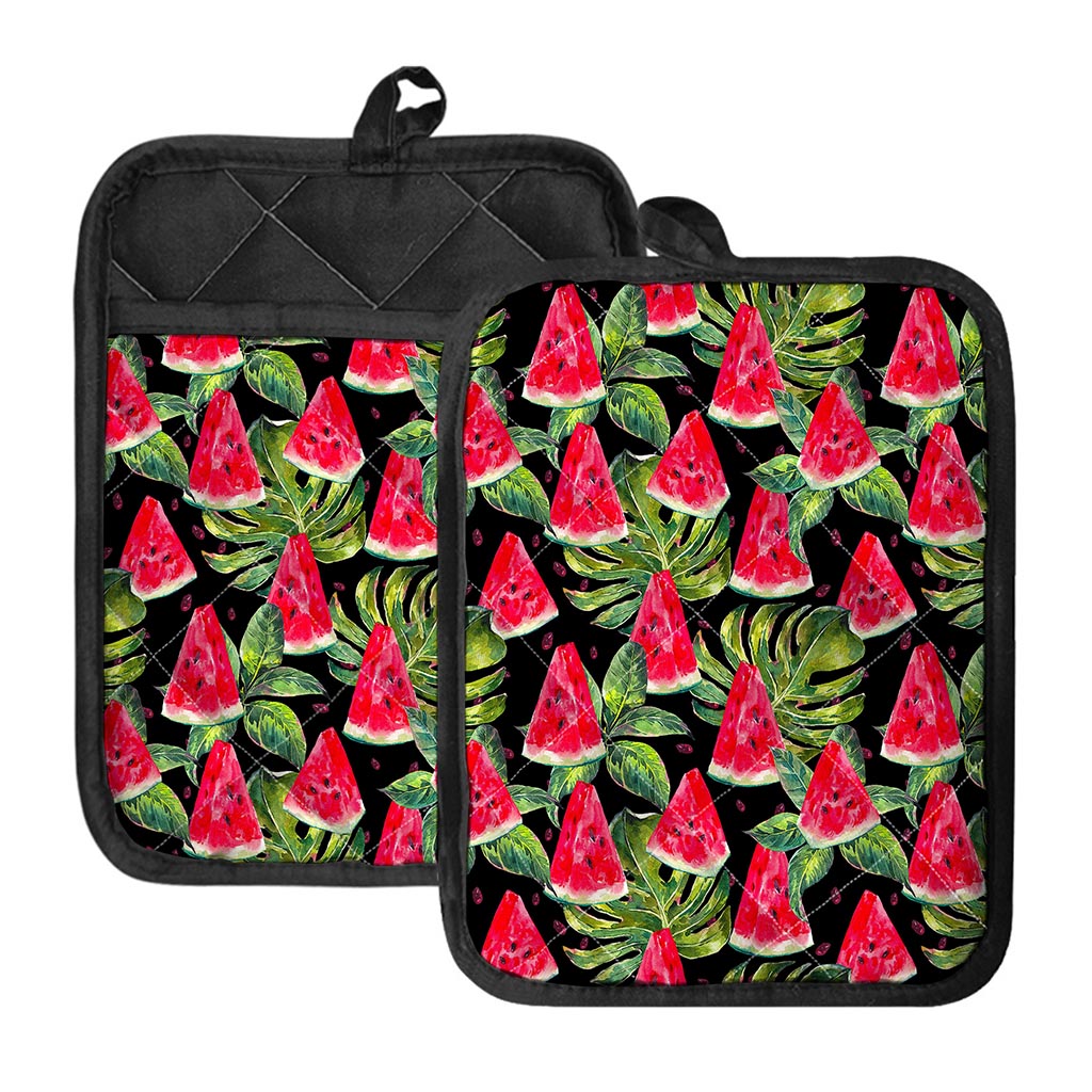 Black Palm Leaf Watermelon Pattern Print Pot Holders With Pocket