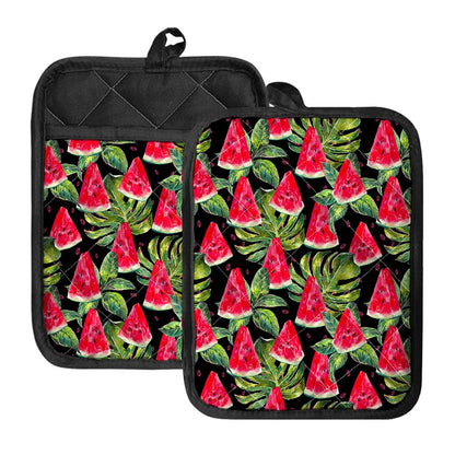 Black Palm Leaf Watermelon Pattern Print Pot Holders With Pocket