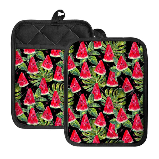 Black Palm Leaf Watermelon Pattern Print Pot Holders With Pocket