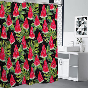 Black Palm Leaf Watermelon Pattern Print Premium Shower Curtain