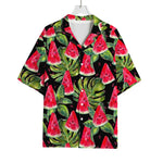 Black Palm Leaf Watermelon Pattern Print Rayon Hawaiian Shirt