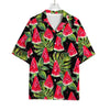 Black Palm Leaf Watermelon Pattern Print Rayon Hawaiian Shirt