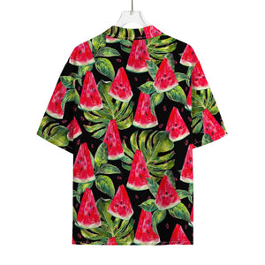 Black Palm Leaf Watermelon Pattern Print Rayon Hawaiian Shirt