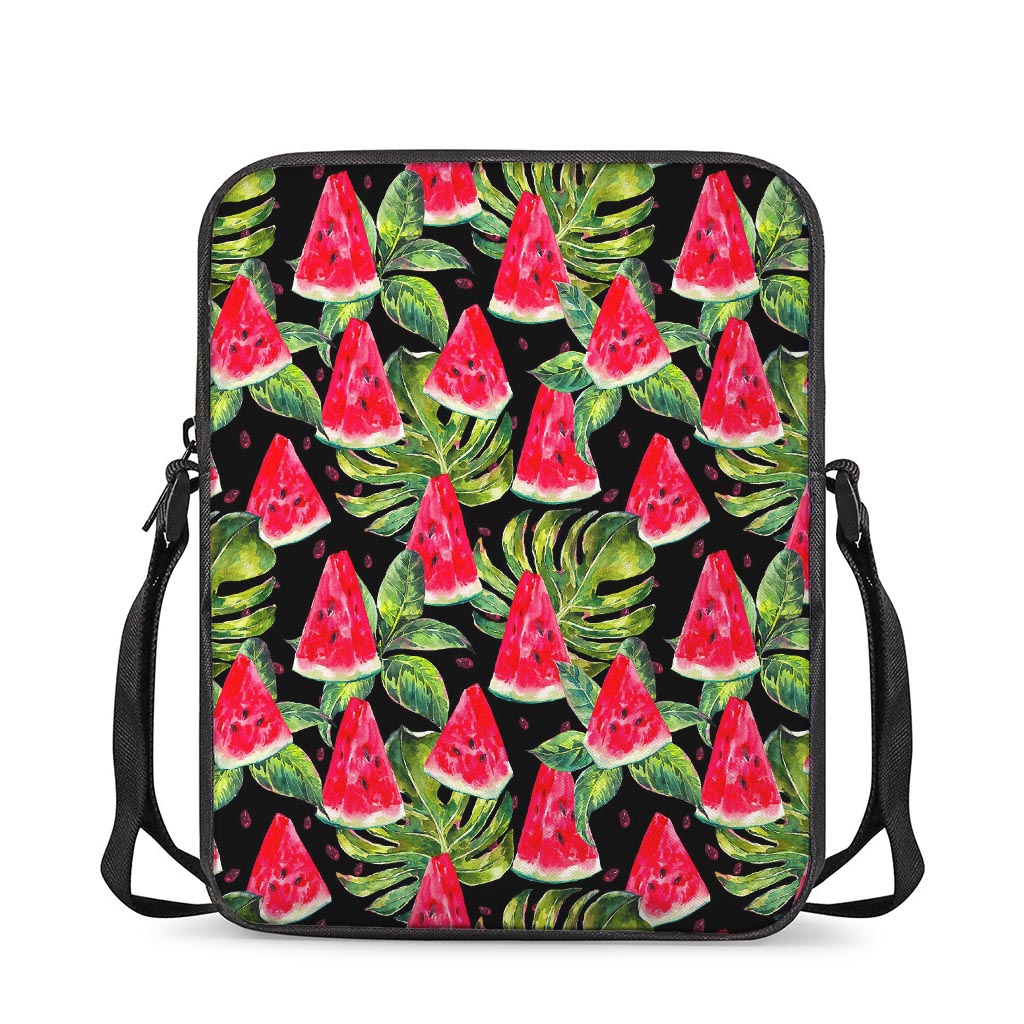 Black Palm Leaf Watermelon Pattern Print Rectangular Crossbody Bag