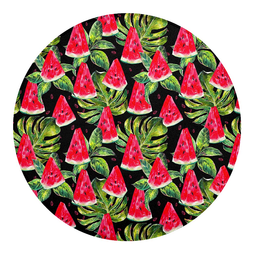 Black Palm Leaf Watermelon Pattern Print Round Blanket