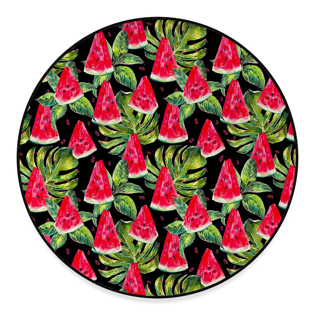 Black Palm Leaf Watermelon Pattern Print Round Floor Mat