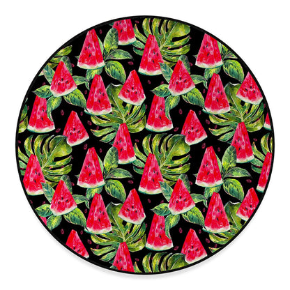 Black Palm Leaf Watermelon Pattern Print Round Floor Mat