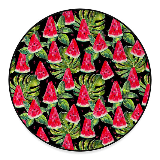 Black Palm Leaf Watermelon Pattern Print Round Floor Mat