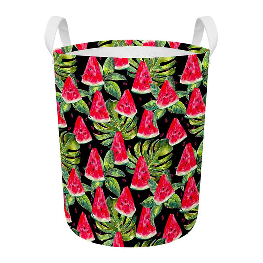 Black Palm Leaf Watermelon Pattern Print Round Laundry Basket