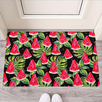 Black Palm Leaf Watermelon Pattern Print Rubber Doormat