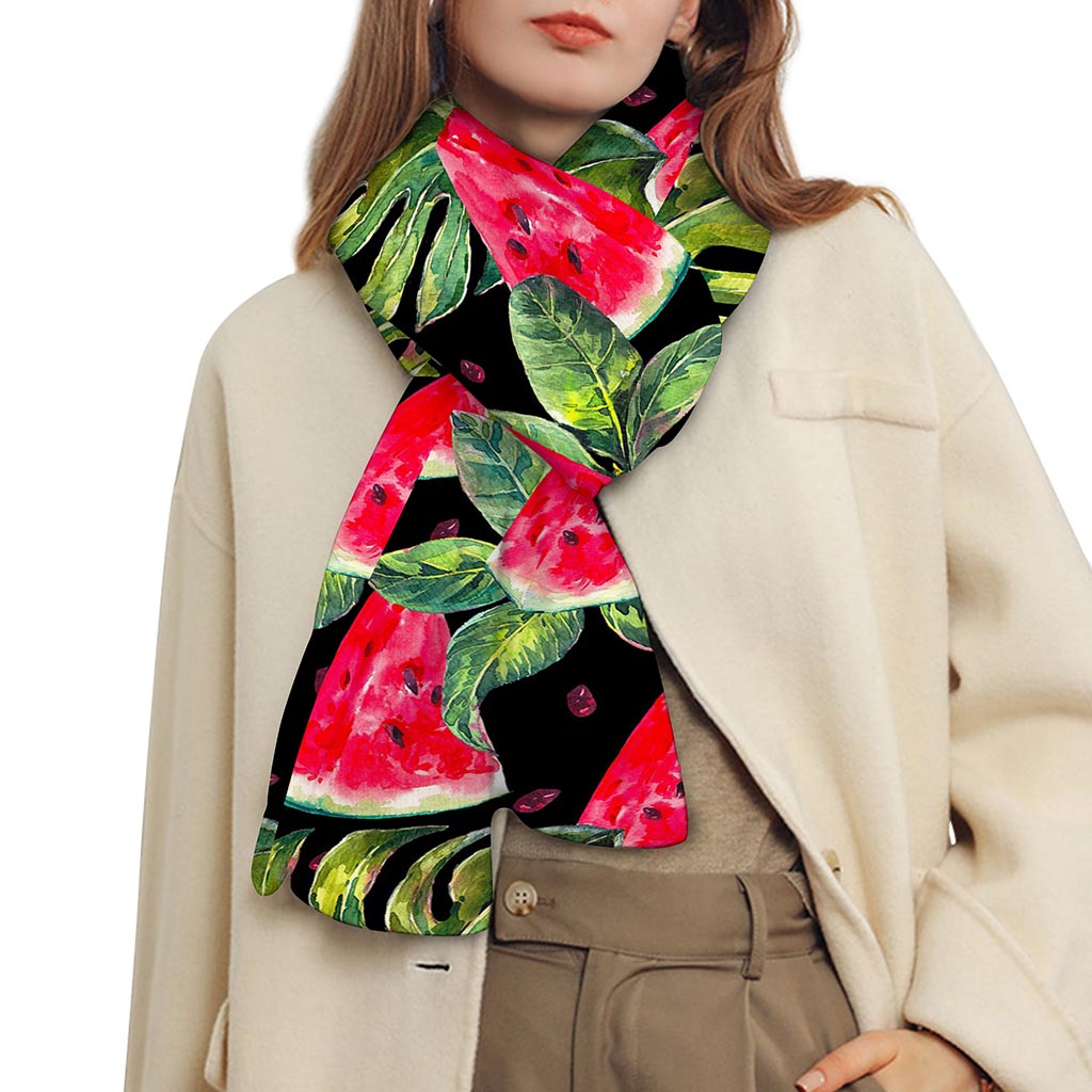 Black Palm Leaf Watermelon Pattern Print Scarf