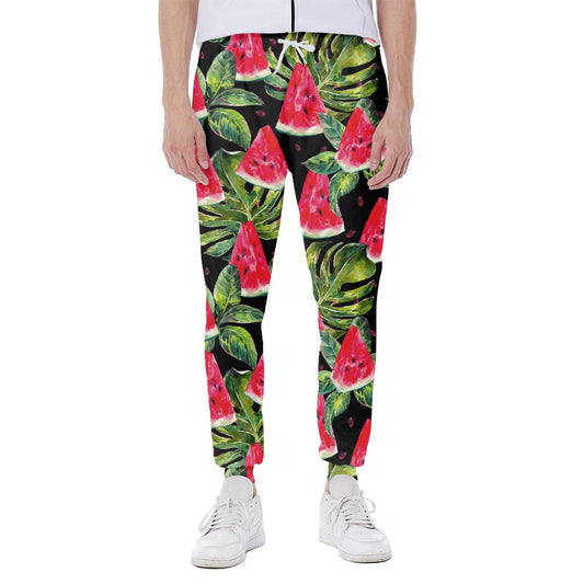 Black Palm Leaf Watermelon Pattern Print Scuba Joggers