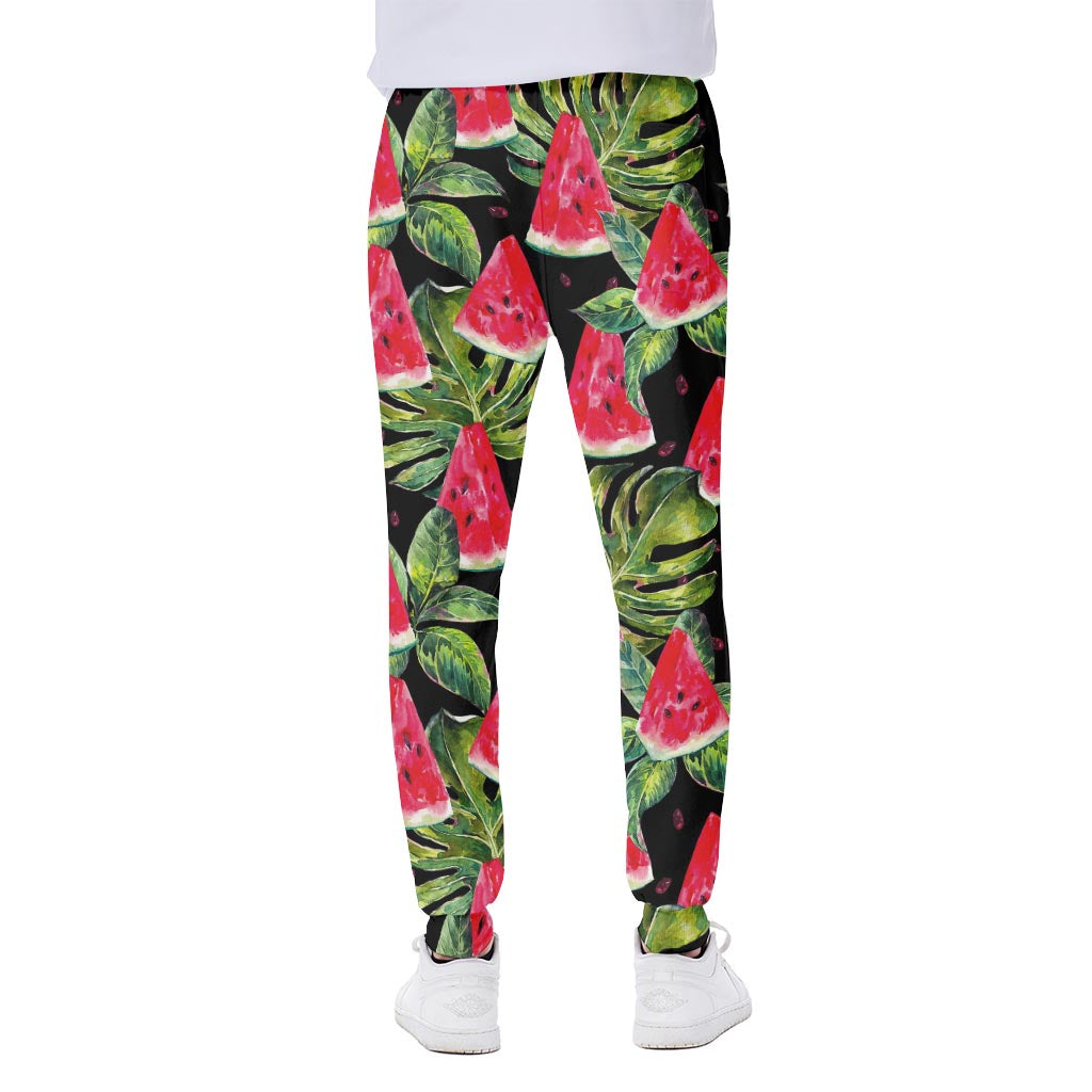 Black Palm Leaf Watermelon Pattern Print Scuba Joggers