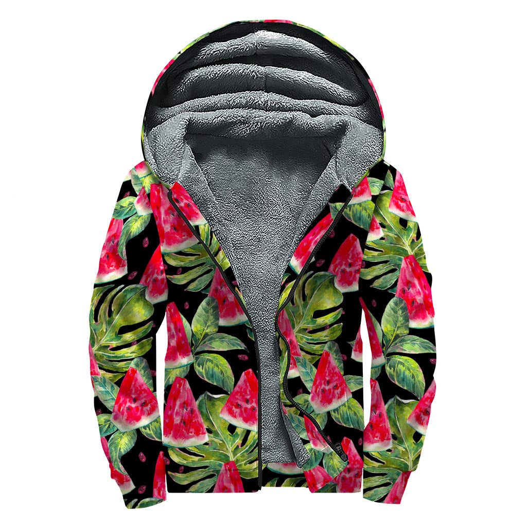 Black Palm Leaf Watermelon Pattern Print Sherpa Lined Zip Up Hoodie