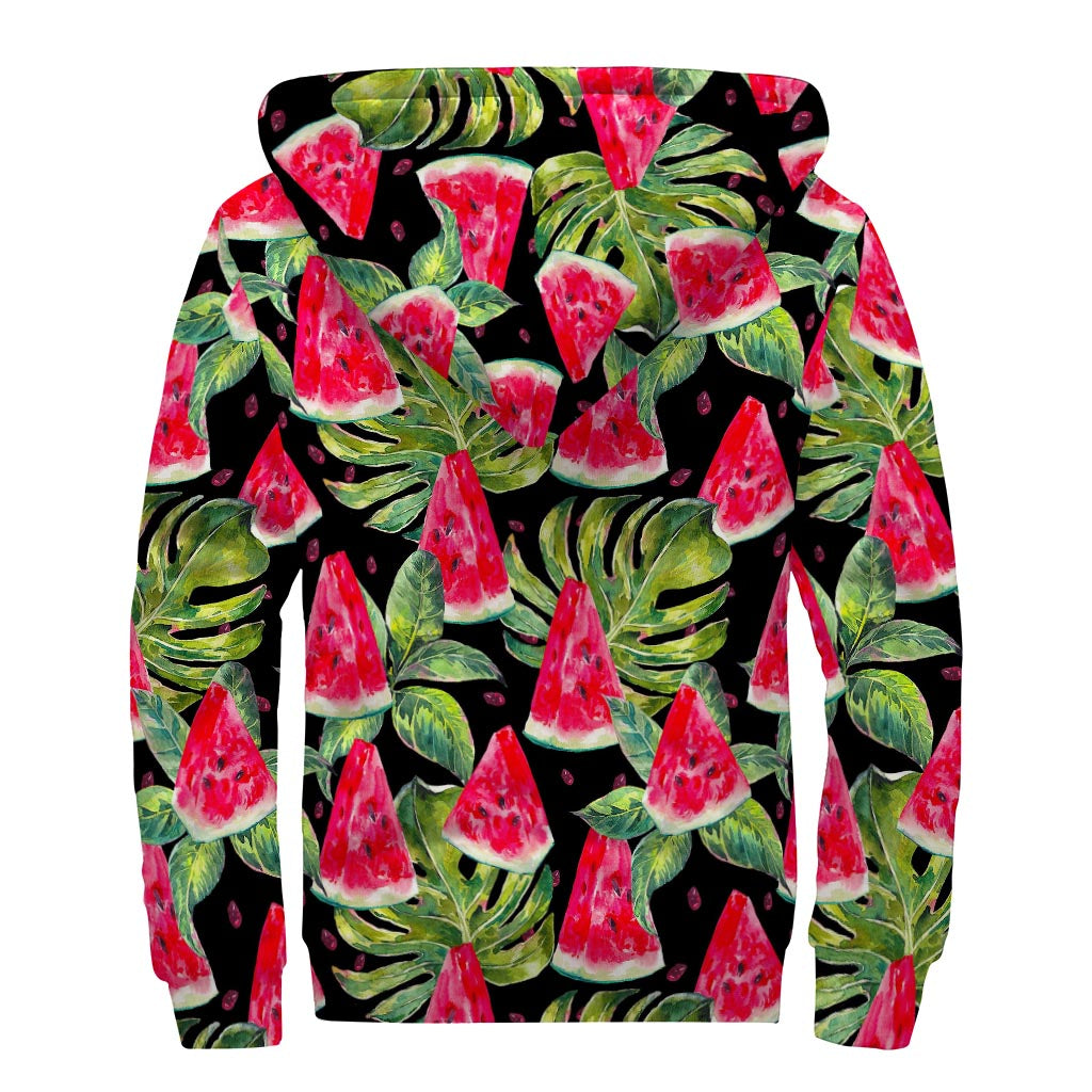 Black Palm Leaf Watermelon Pattern Print Sherpa Lined Zip Up Hoodie