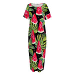 Black Palm Leaf Watermelon Pattern Print Short Sleeve Long Nightdress
