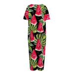 Black Palm Leaf Watermelon Pattern Print Short Sleeve Long Nightdress