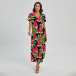 Black Palm Leaf Watermelon Pattern Print Short Sleeve Maxi Dress