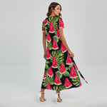 Black Palm Leaf Watermelon Pattern Print Short Sleeve Maxi Dress