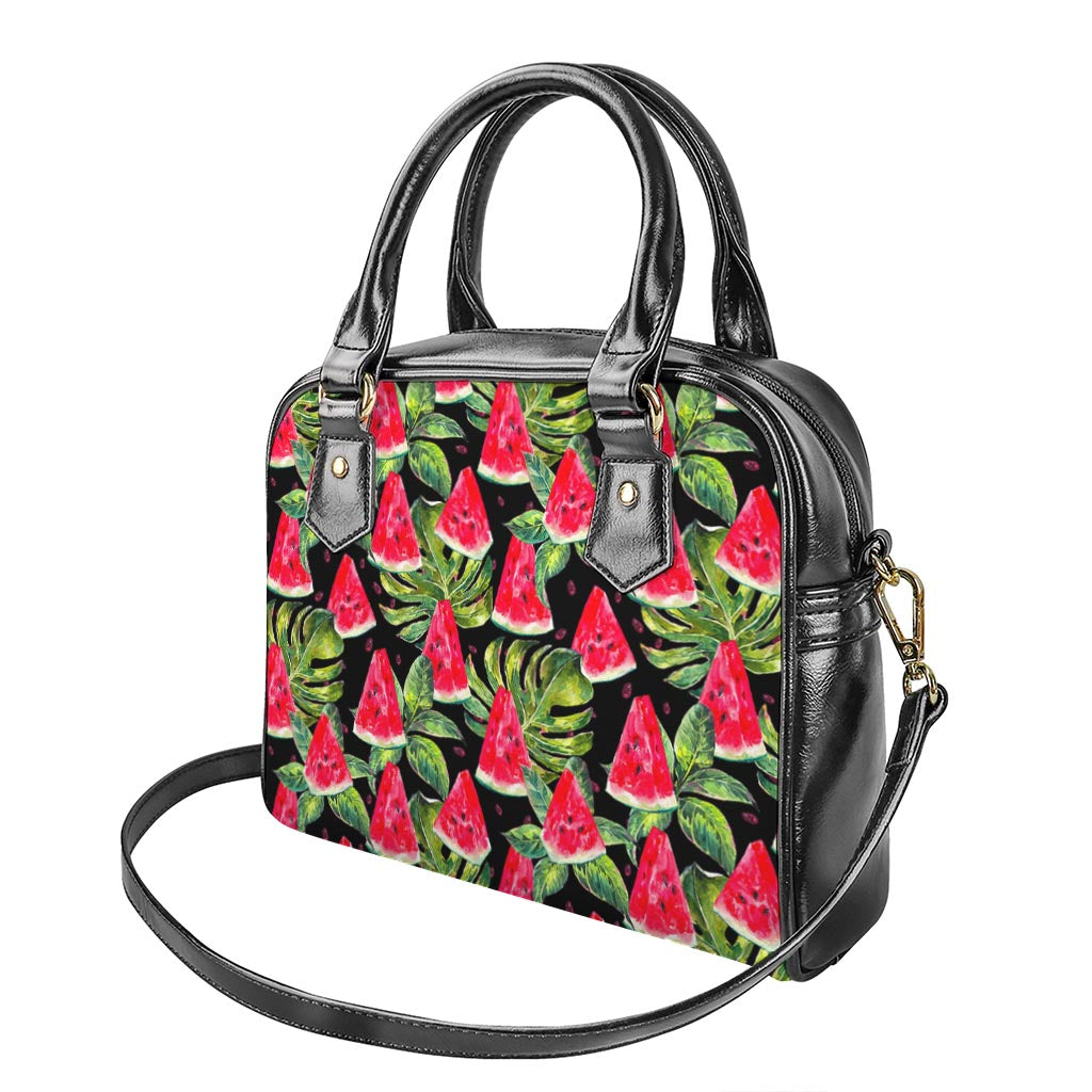 Black Palm Leaf Watermelon Pattern Print Shoulder Handbag