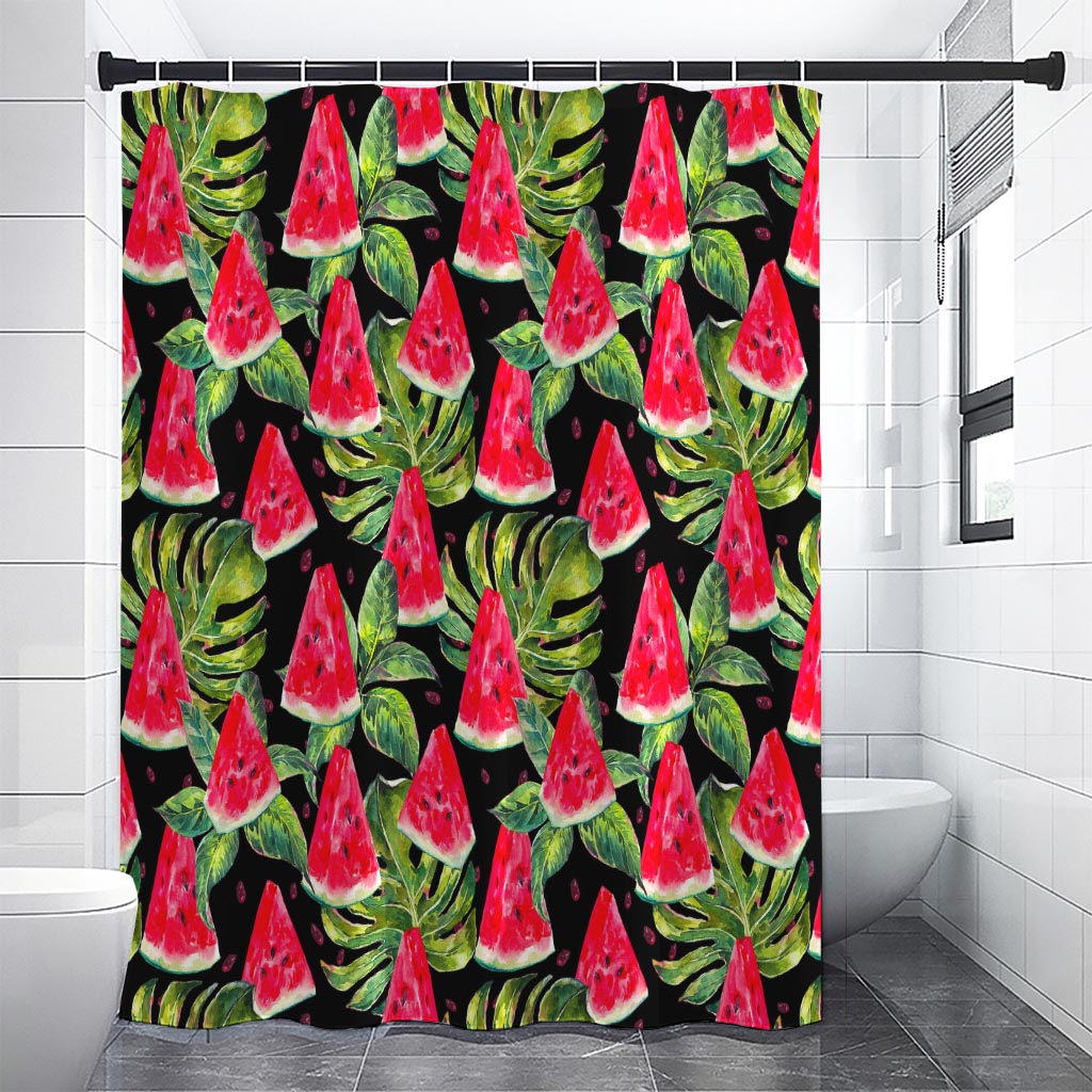 Black Palm Leaf Watermelon Pattern Print Shower Curtain