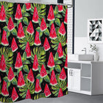 Black Palm Leaf Watermelon Pattern Print Shower Curtain