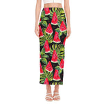 Black Palm Leaf Watermelon Pattern Print Side Slit Maxi Skirt