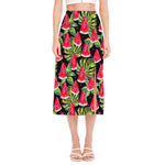 Black Palm Leaf Watermelon Pattern Print Side Slit Midi Skirt