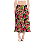 Black Palm Leaf Watermelon Pattern Print Side Slit Midi Skirt