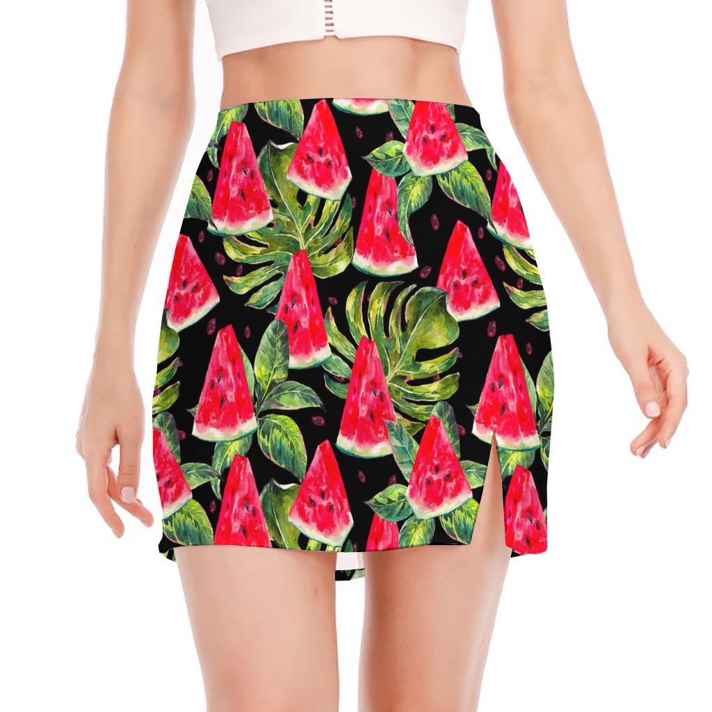 Black Palm Leaf Watermelon Pattern Print Side Slit Mini Skirt