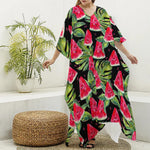 Black Palm Leaf Watermelon Pattern Print Silk V-Neck Kaftan Dress