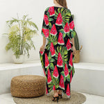 Black Palm Leaf Watermelon Pattern Print Silk V-Neck Kaftan Dress